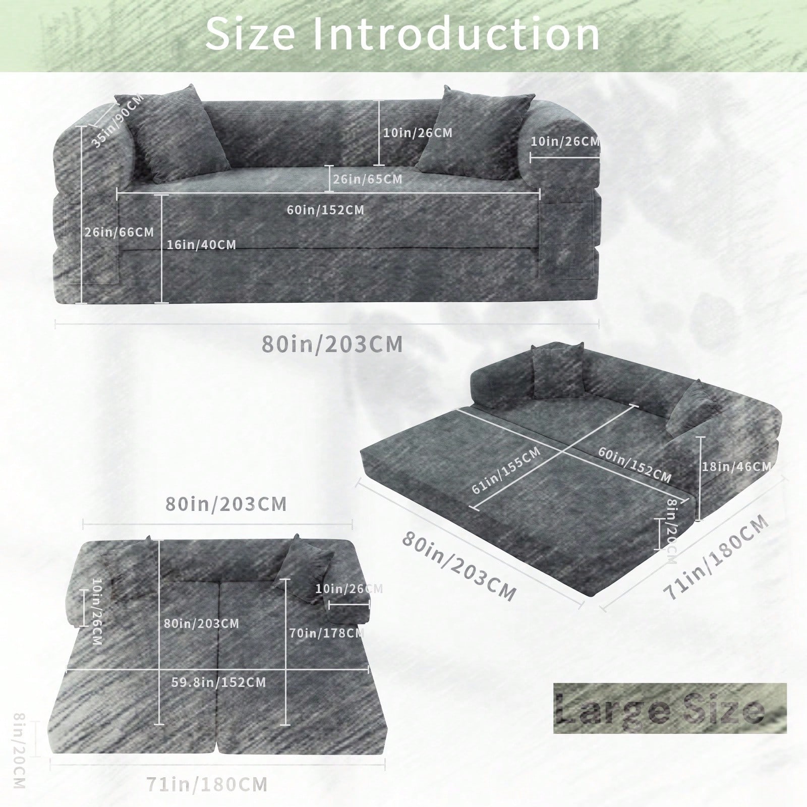 80" Convertible Sofa Bed, 3-in-1 Folding Pull Out Couch with Pillows