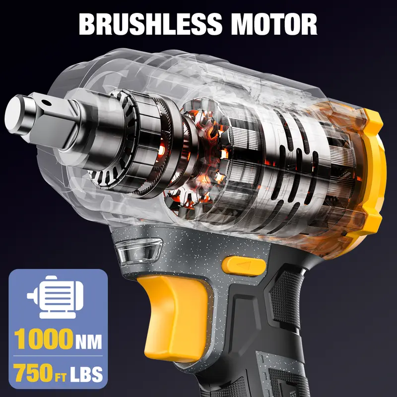 1000NM Impact Wrench, 2x 4.0Ah Batteries, Fast Charger, 6 Screwdriver Bit, 8 Drill Bit, 6 Sockets, For Car, Trucks