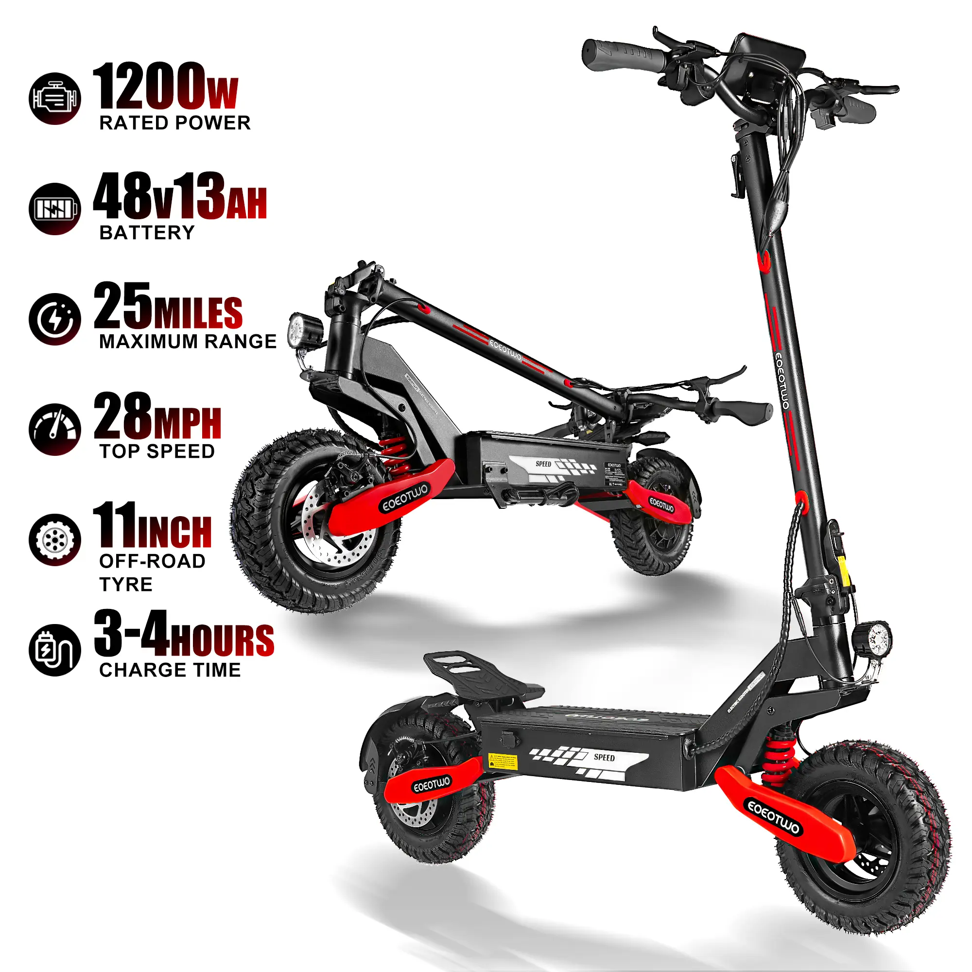 Electric scooter with a range of 40 miles, equipped with a 1200 W motor, top speed of 30 miles per hour, 11-inch all-terrain tires, front and rear shock absorbers, an LED display screen