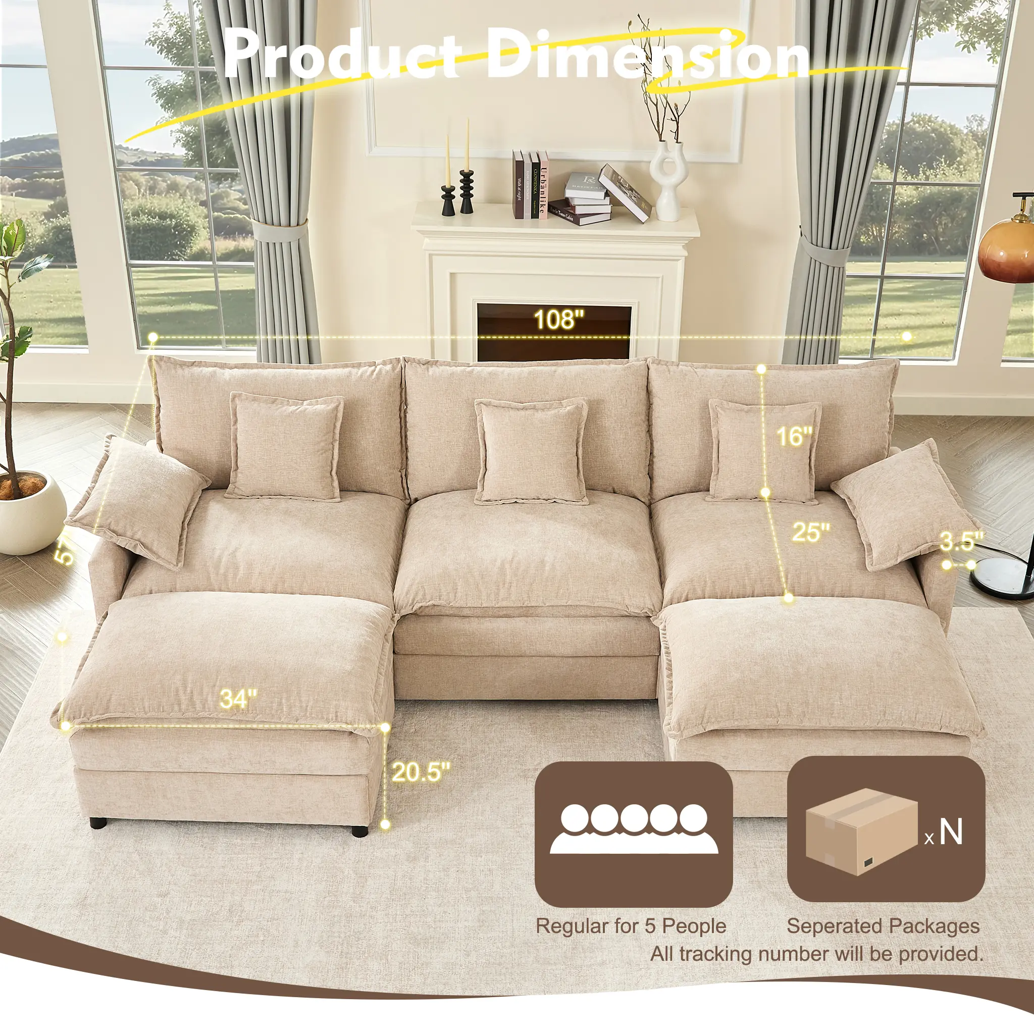 108" U-Shaped Modular Sectional Sofa - Comfy Cloud 3-Seater with 2 Movable Ottoman, Cloud Sofa,Deep Seat Linen Couch for Living Room, Beige Color ,Comfort & Stylish Design,Chenille pink