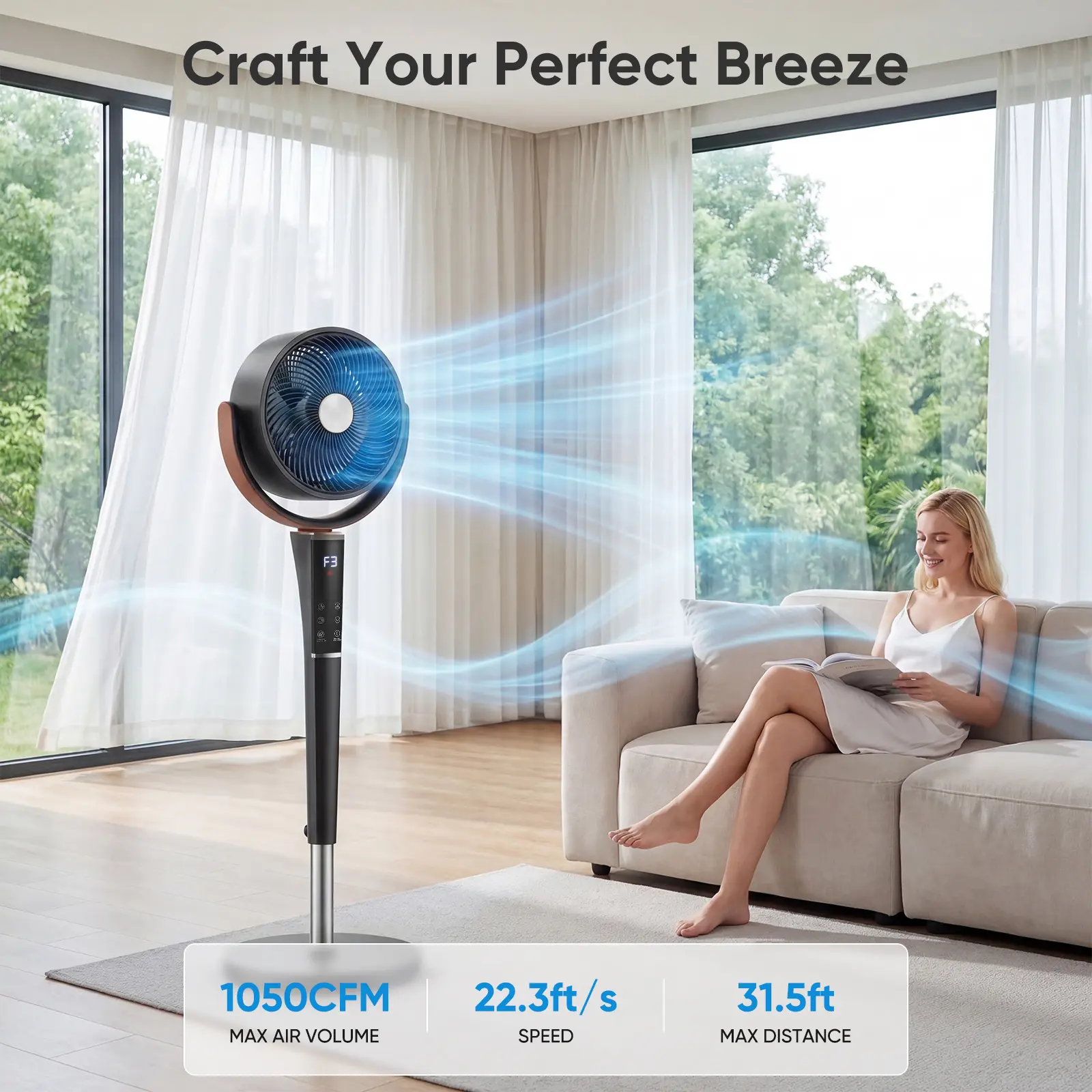 Ultra-Quiet Pedestal Fan – 15 Speeds, 120° Oscillation, Remote Control & Adjustable Height for Whole-Room Cooling