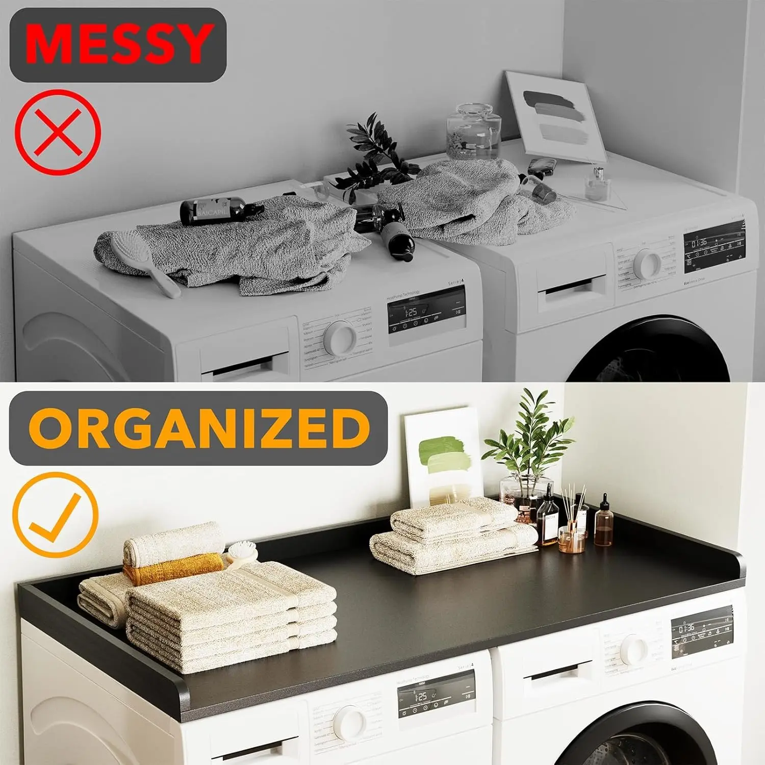 Washer Dryer Countertop, Laundry Wood Shelf Topper with Edge, 54" Width x 27.5" Depth Cover Guard Organizer for Washer and Dryer Laundry Hamper Counter Storage Organization