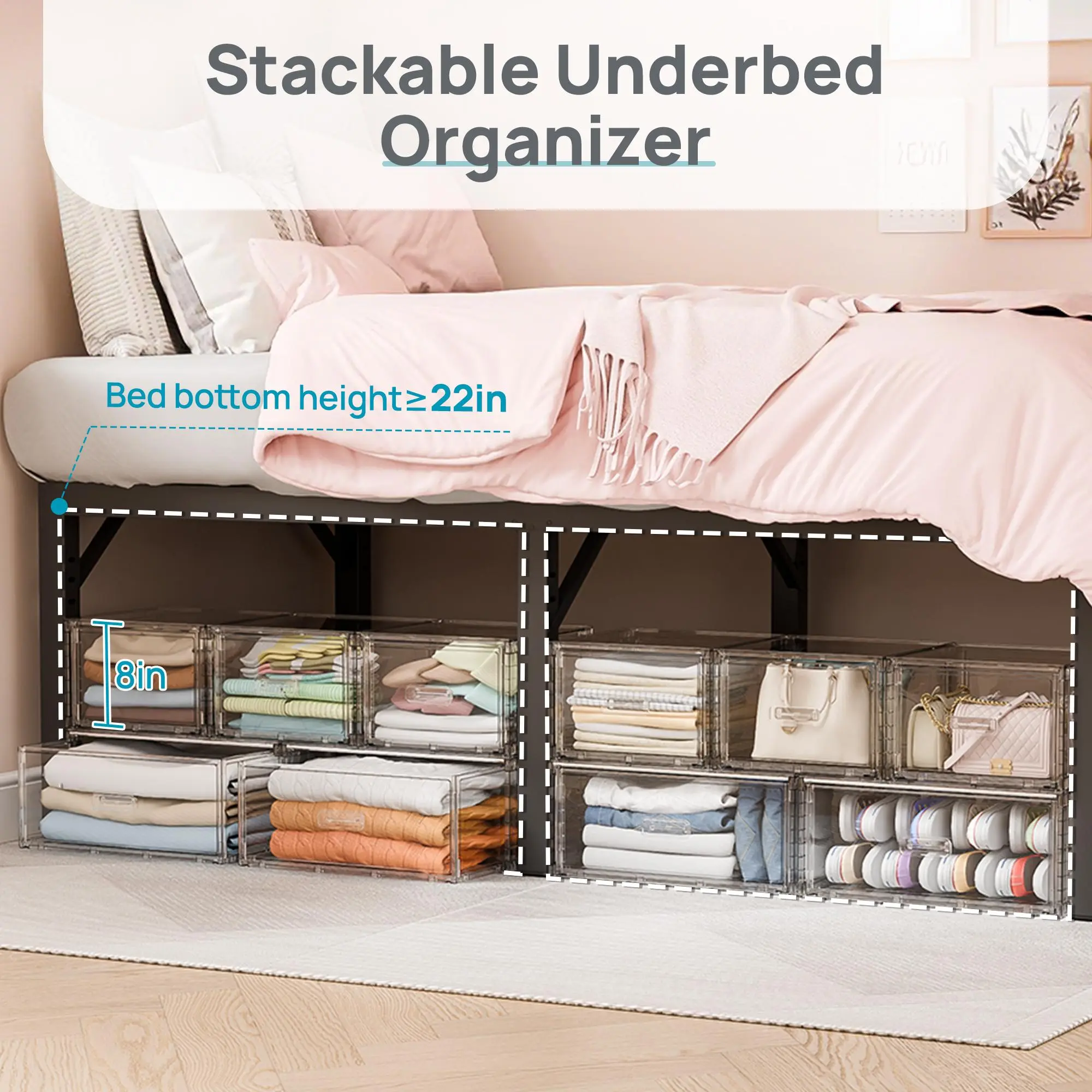 Underbed Storage Drawers – Clear Stackable Dust-Proof Bins for Shoes, Clothes, Bedding & Seasonal Storage