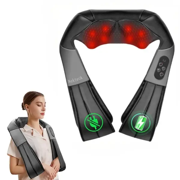 Shiatsu Neck and Back Massager with Soothing Heat, Ergonomic 8 Deep-Kneading Massage Nodes with Heat Electric Shiatsu Back Massager for Neck Shoulder & Body Muscle Relief Portable 12V DC Power Supply - Black