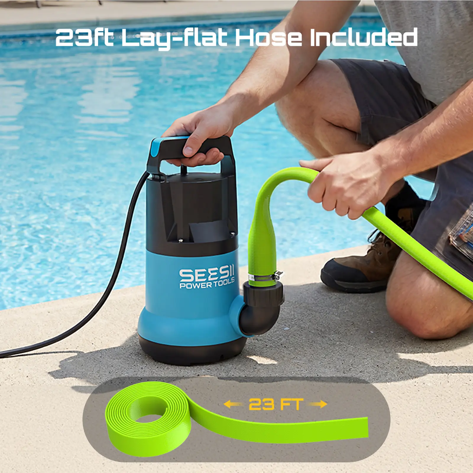 1HP Submersible Water Pump, 4755GPH High Flow Sump Pump with 23ft Hose Kit, Anti-Clogging Filter Net for Swimming Pool Hot Tub Pond Basement Rooftop Garden Water Removal fathersdaygift