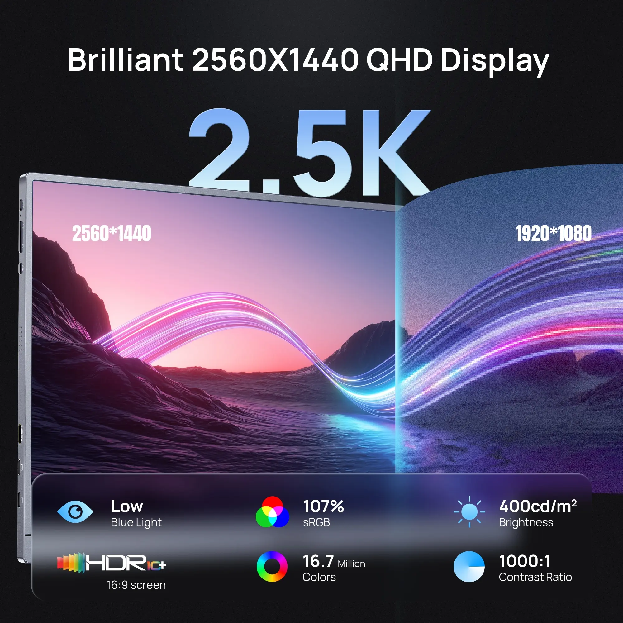 16.1" Portable Gaming Monitors – 180Hz 1440P QHD / 144Hz 1080P FHD – Ultra Slim External Display for Laptops Gaming PC PS5 Xbox Mac with Built-in KickStand & Dual Speakers – Gray
