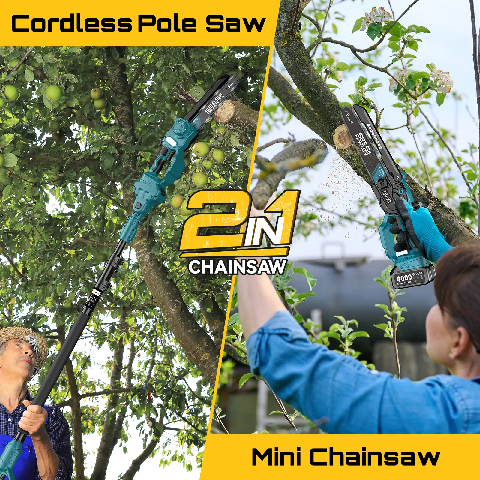 【Spotlight Day】SEESII 2 in 1 Cordless Pole Saw & Mini Chainsaw with 2 Batteries, Power Electric Polesaw for Tree Trimming, Chain Saw with Extension Pole, 16ft Reach, Limb Branch Cutter Pruner P8 Ace/P6 Ace CH800