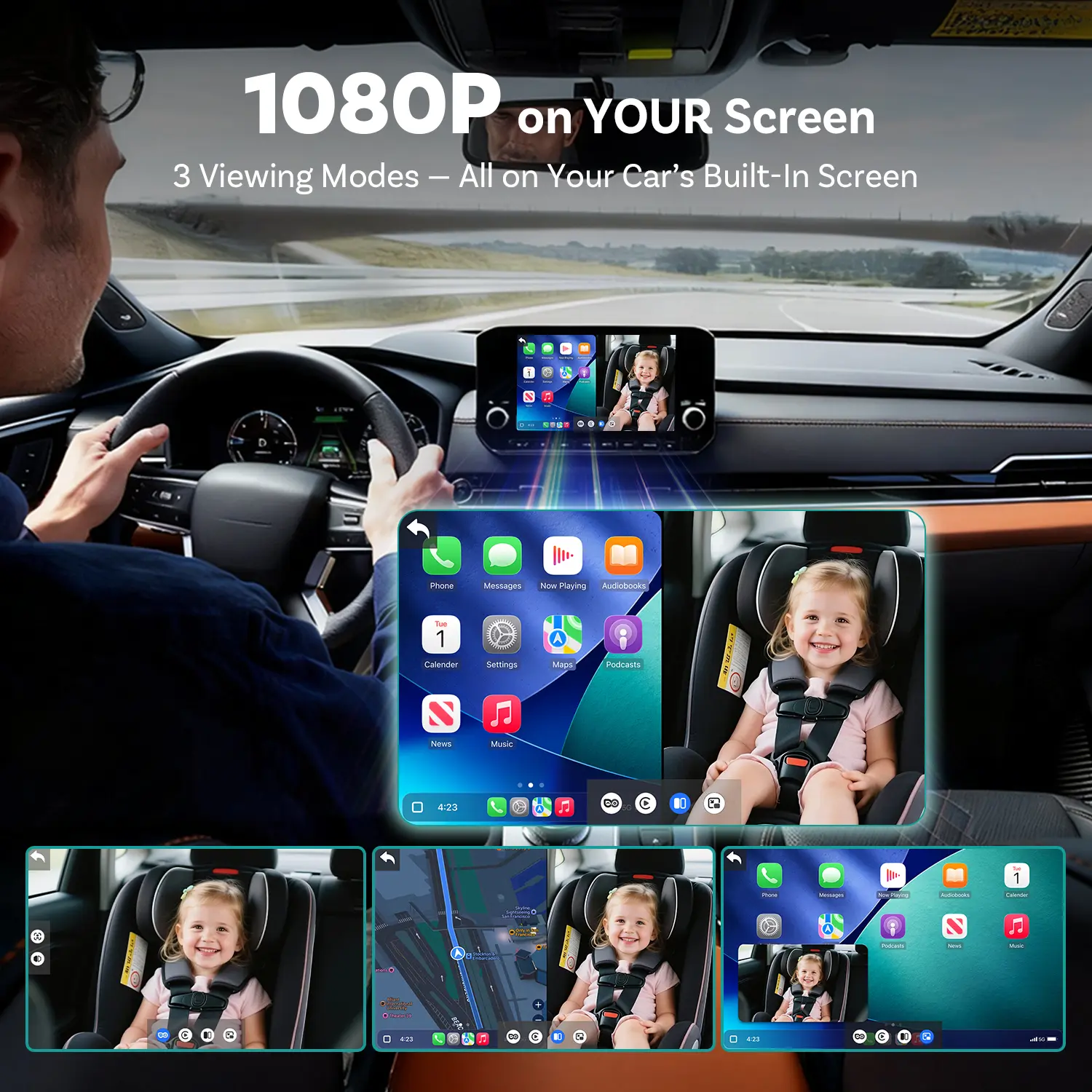 OTTOCAST Baby Car Camera &Wireless CarPlay Adapter,1080P HD Rear Seat Monitor Display on Car Screen,150°Wide Angle No-Glow Night View, Safety for Kids & Infants