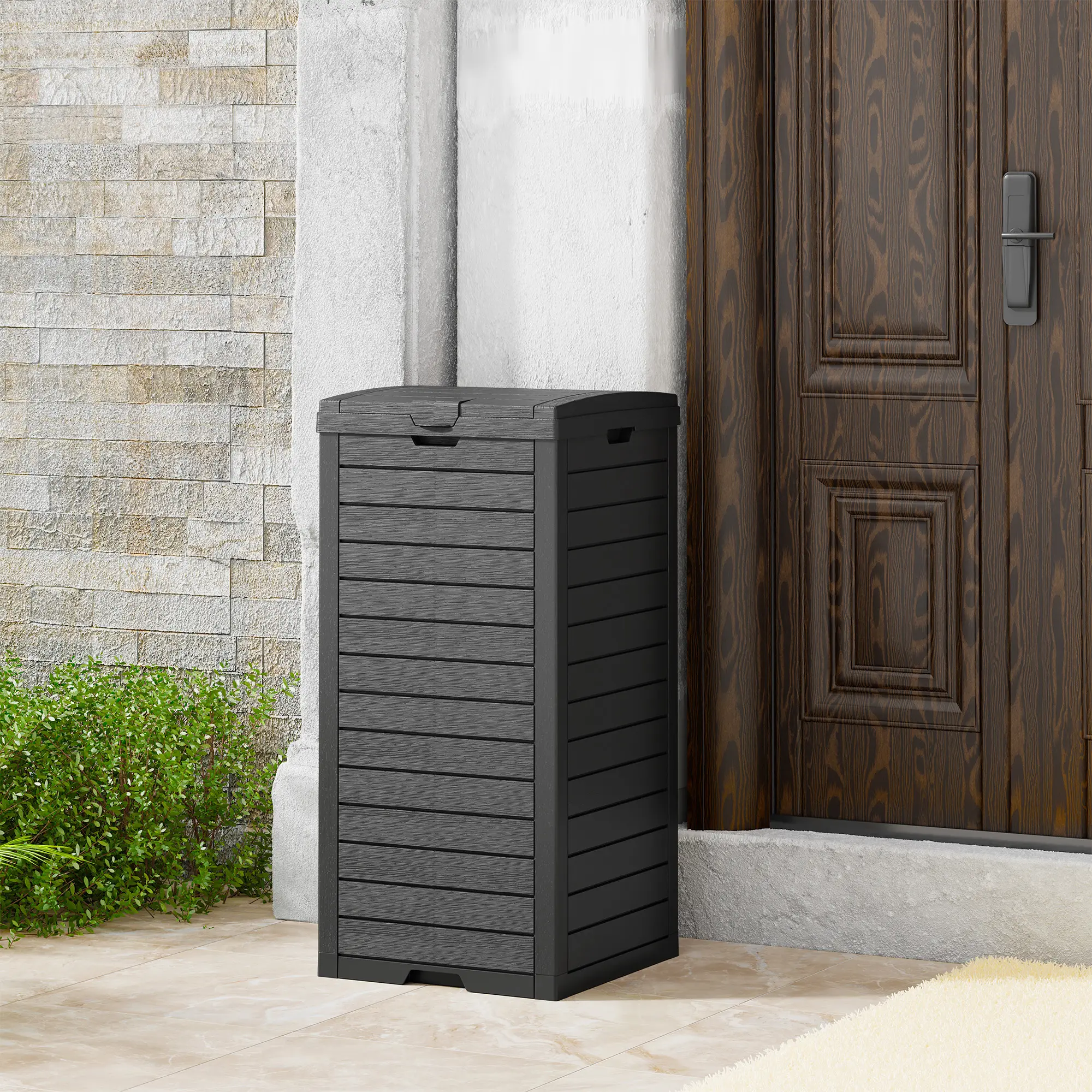 31-Gallon Outdoor Trash Can – Concealed Resin Waste Bin with Lid & Drip Tray for Clean Indoor/Outdoor Use