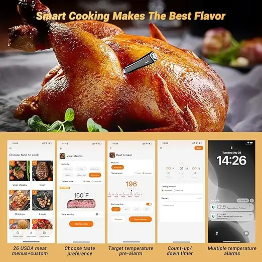 Wireless Digital Food Thermometer - WIFI & Bluetooth Portable LCD Kitchen Gadget, IP67 Waterproof Kitchen Thermometer for Grill BBQ, Cooking
