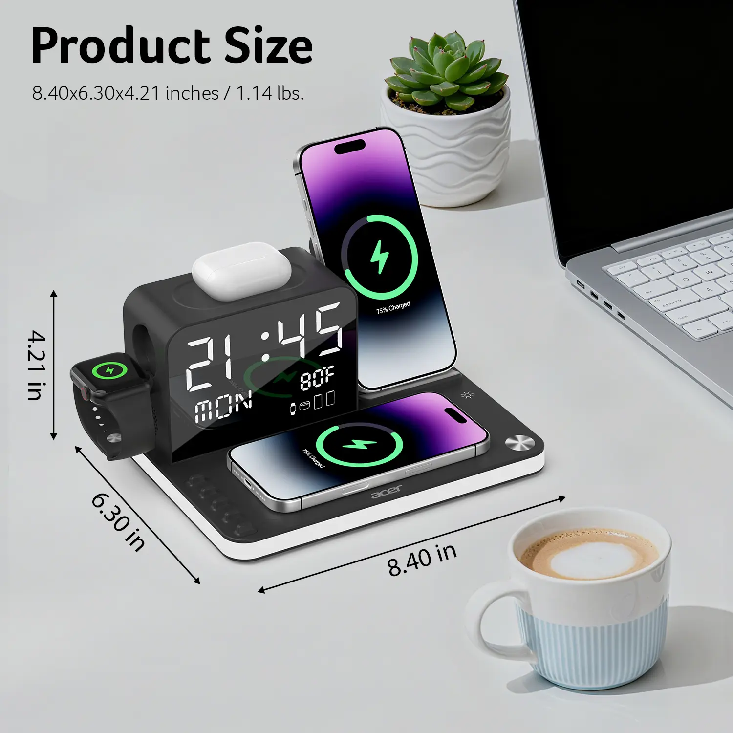 7-in-1 Wireless Charging Station – Fast Charger with LED Night Light, Bluetooth Clock & Temperature Display for iPhone, Apple Watch & AirPods