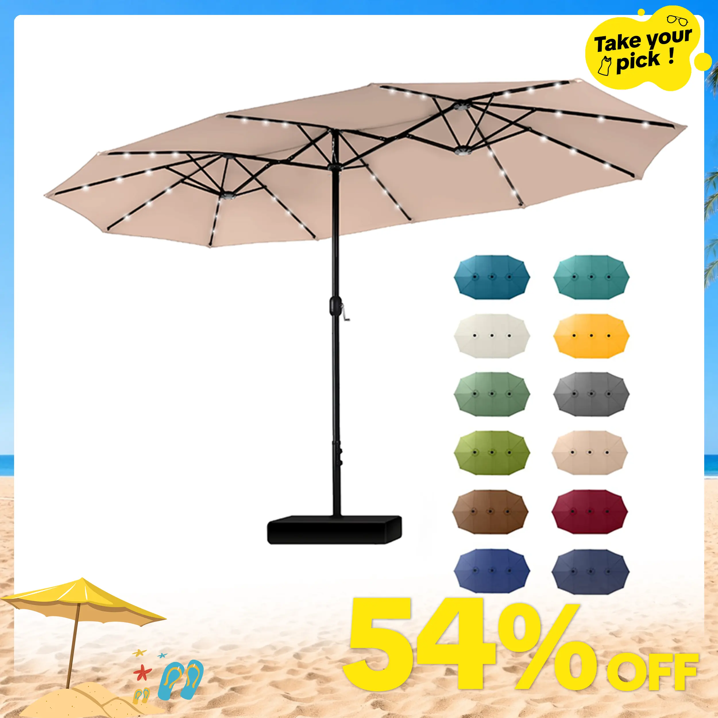 15FT Double-Sided Patio Umbrella with LED Lights | Waterproof Outdoor Shade