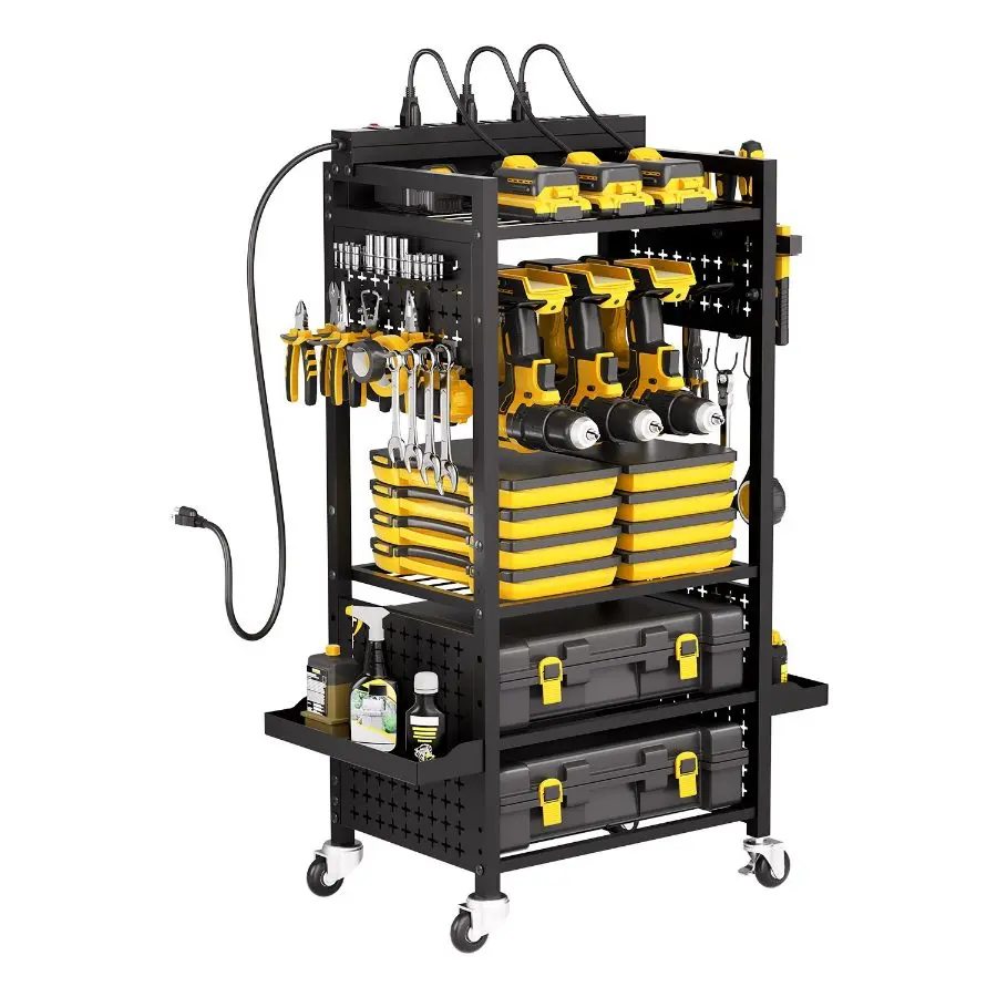 4-Tier Heavy Duty Tool Organizer Cart with Built-in 8-Outlet Charging Station - Rolling Garage Storage Rack with Drill Holders & Wheels