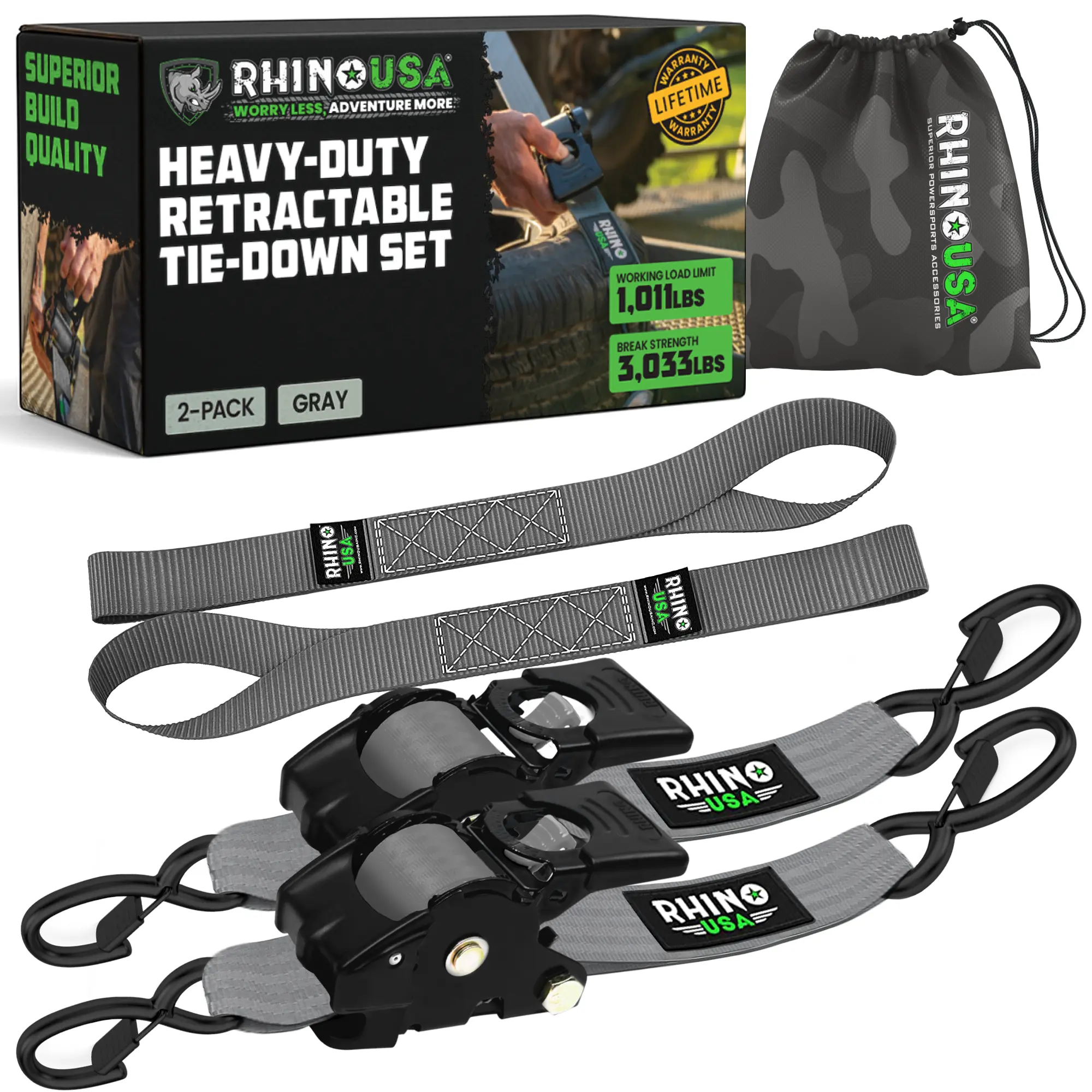 2" x 10' Retractable Ratchet Straps 2- or 4-Pack - (3,033lb Break Strength) - Heavy Duty Self Retracting Tie Down Straps for Truck, Cargo Trailer