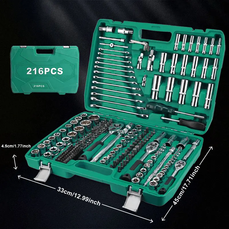 216-Piece Mechanic Tool Set: Comprehensive Auto Repair & Household Tool Kit with 1/2"" & 3/8"" Drive, Ratchet Wrench, Torque Wrench, and More