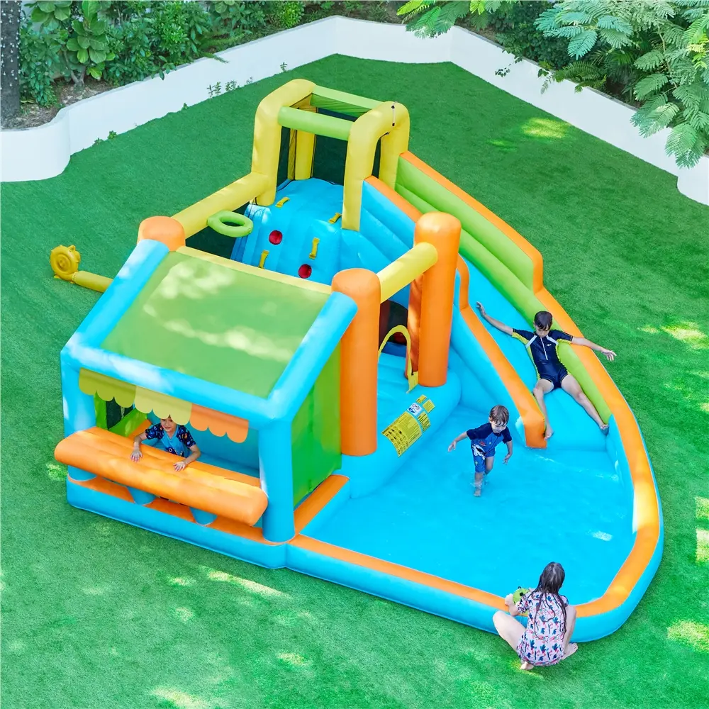 Inflatable Water Slide w/ 2 Long Slides & Large Climbing Wall & Small Deeper Pool & Awning for Kids Aged 3 to 10, Outdoor Water Slide w/Storage Bag & 950W Blower