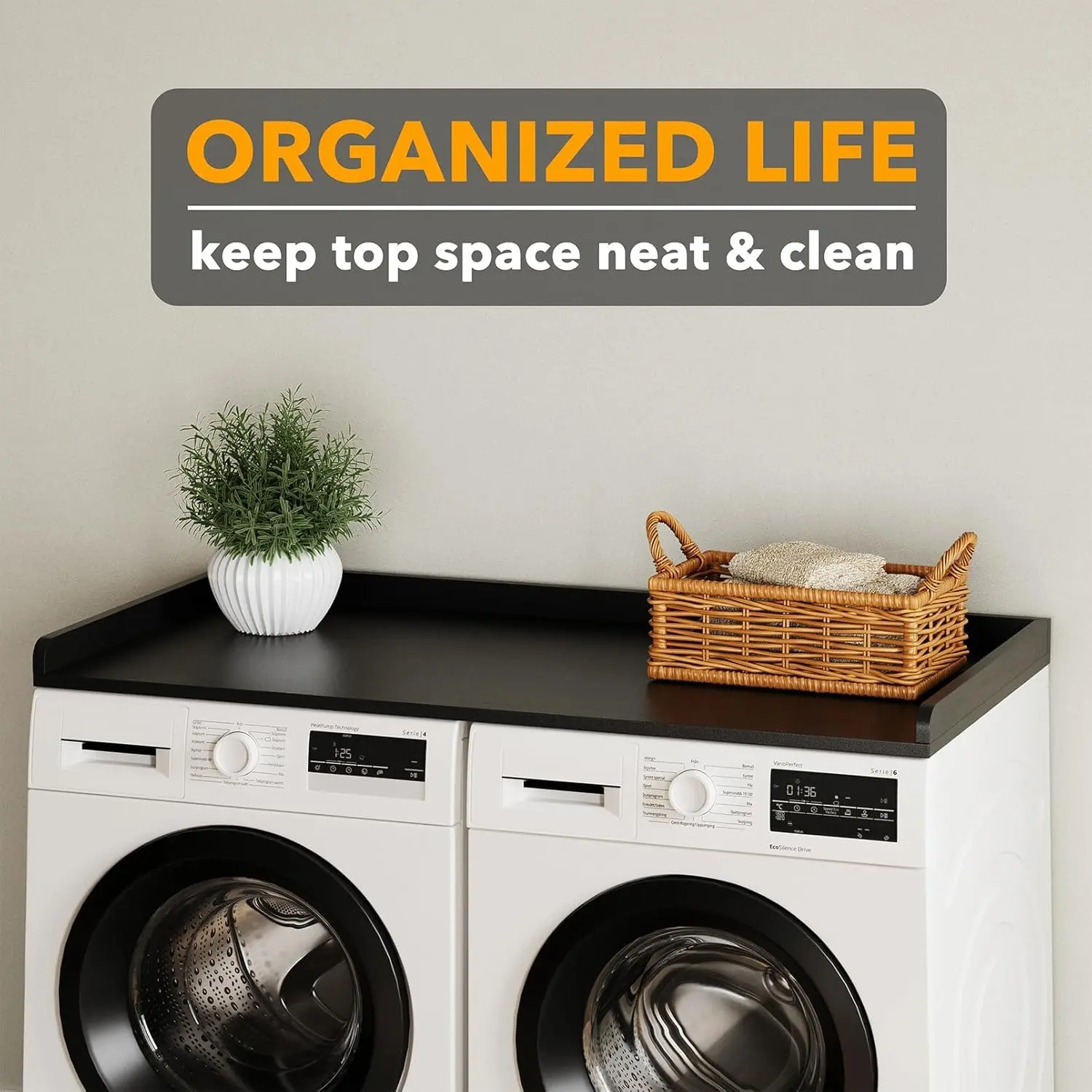 Washer Dryer Countertop, Laundry Wood Shelf Topper with Edge, 54" Width x 27.5" Depth Cover Guard Organizer for Washer and Dryer Laundry Hamper Counter Storage Organization