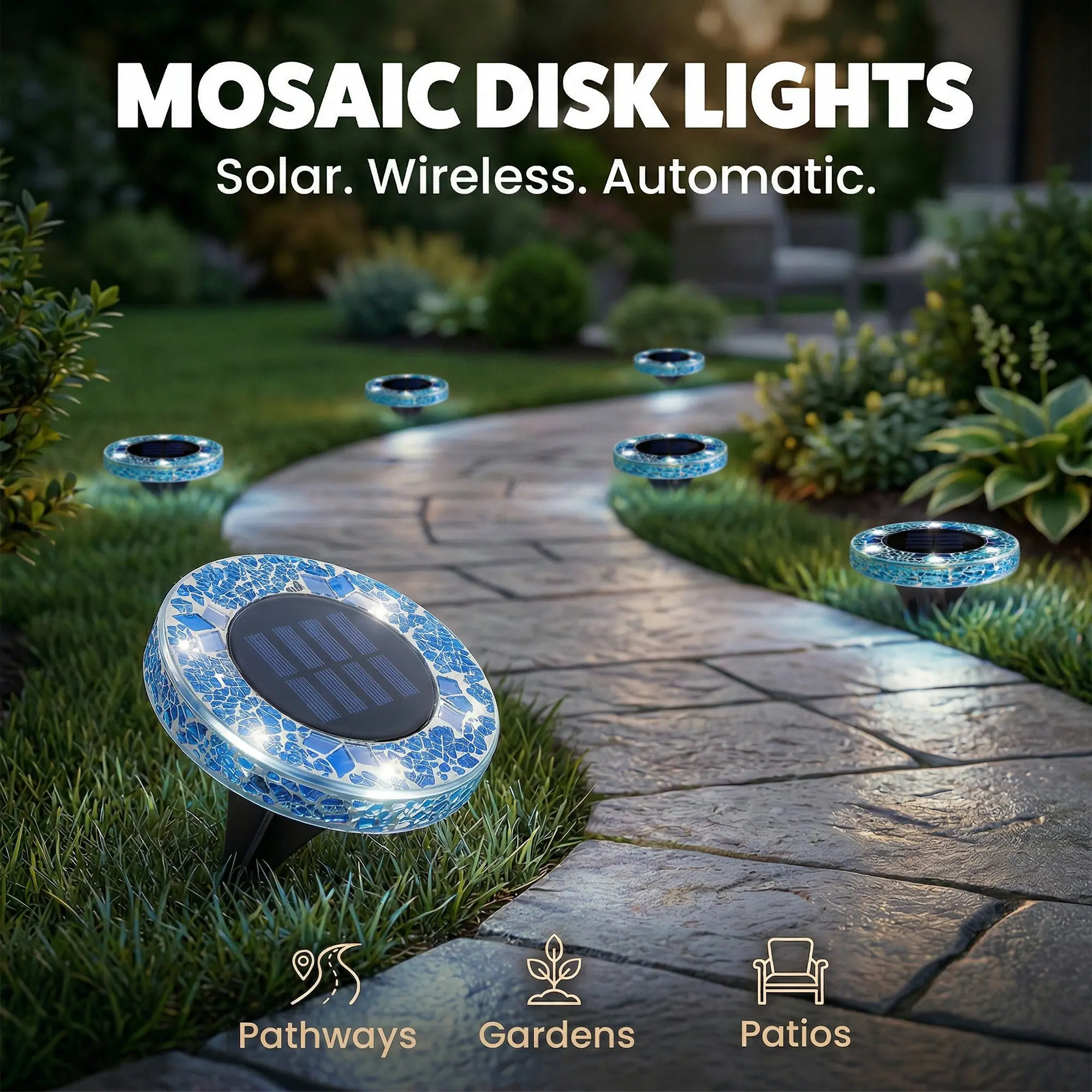 Solar Outdoor Mosaic Disk Lights, Waterproof Decorative Pathway LED Light, Auto On/Off