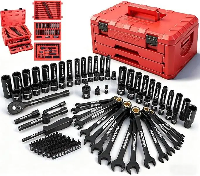 Premium 132-Piece Mechanics Tool Set, SAE/Metric 1/4" & 3/8" Drive Socket Set, Ratcheting Wrenches, Extensions & Adapters, Quick-Release Ratchet, Professional Auto Repair Tool Kit