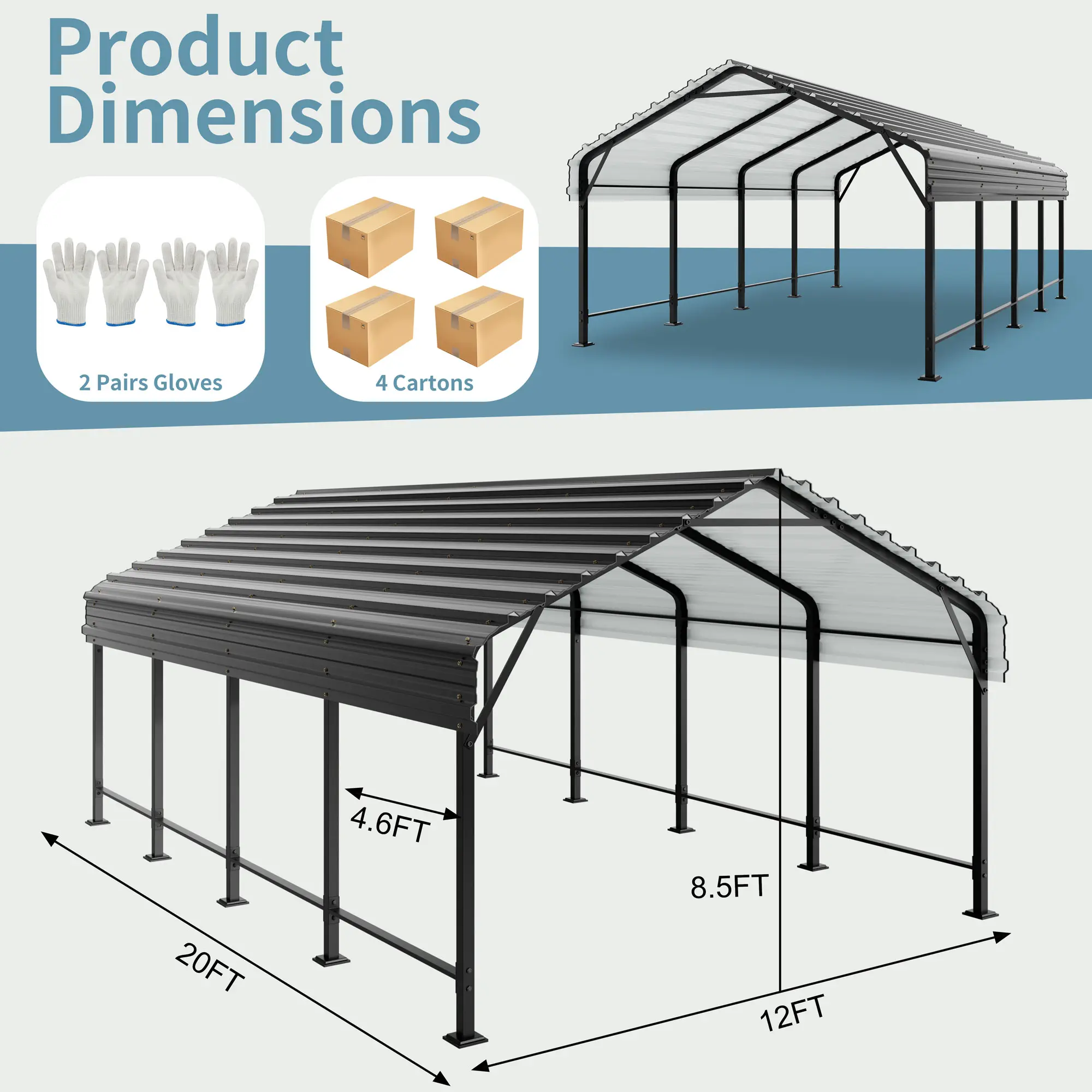 Carport, 12x20x8.5 FT Heavy Duty Steel Carport Canopy for Outdoor Activities and Events, Iron Metal Carport Garage for Pickup, Boat, Car and Tractors