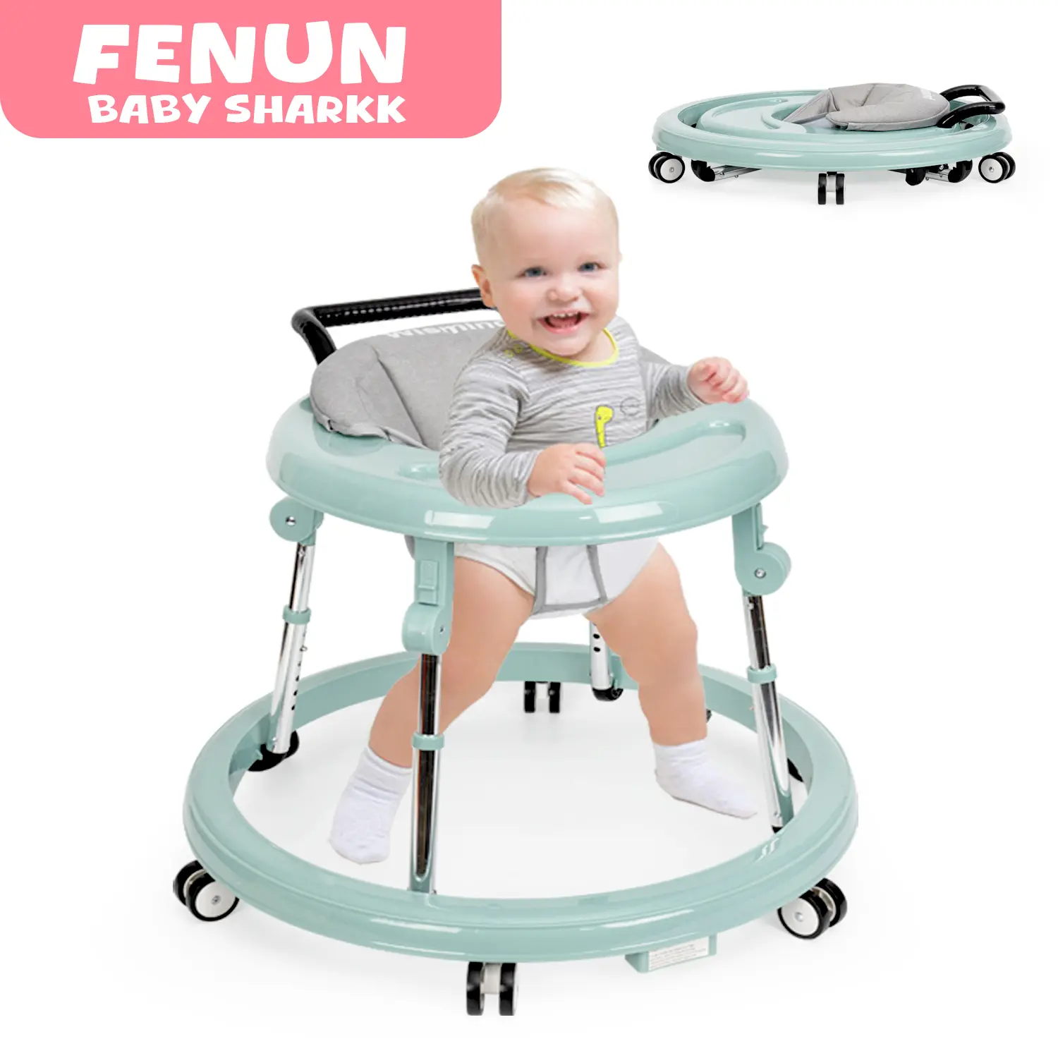 Baby Walker Foldable with 9 Adjustable Heights, Baby Walkers and Activity Center for Boys Girls Babies 7-18 Months, Baby Walker with Wheels Portable