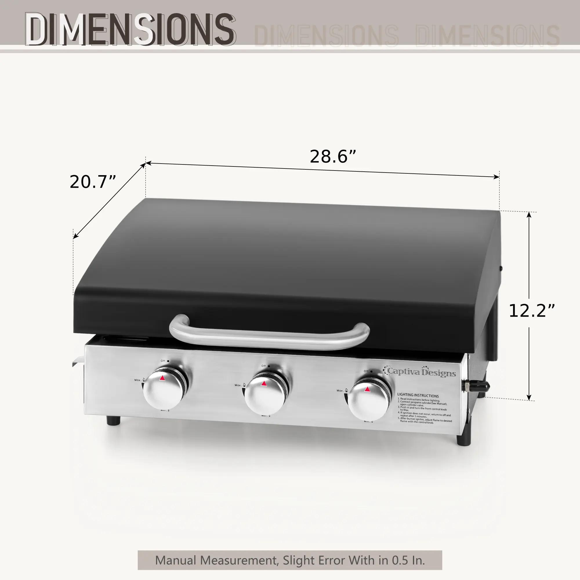 27 Inch Flat Top Grill with Ceramic Coated Cast Iron Pan, 3-Burner Propane Gas, Nonstick Design, Stainless Steel Barbecue Home Food Kitchenware