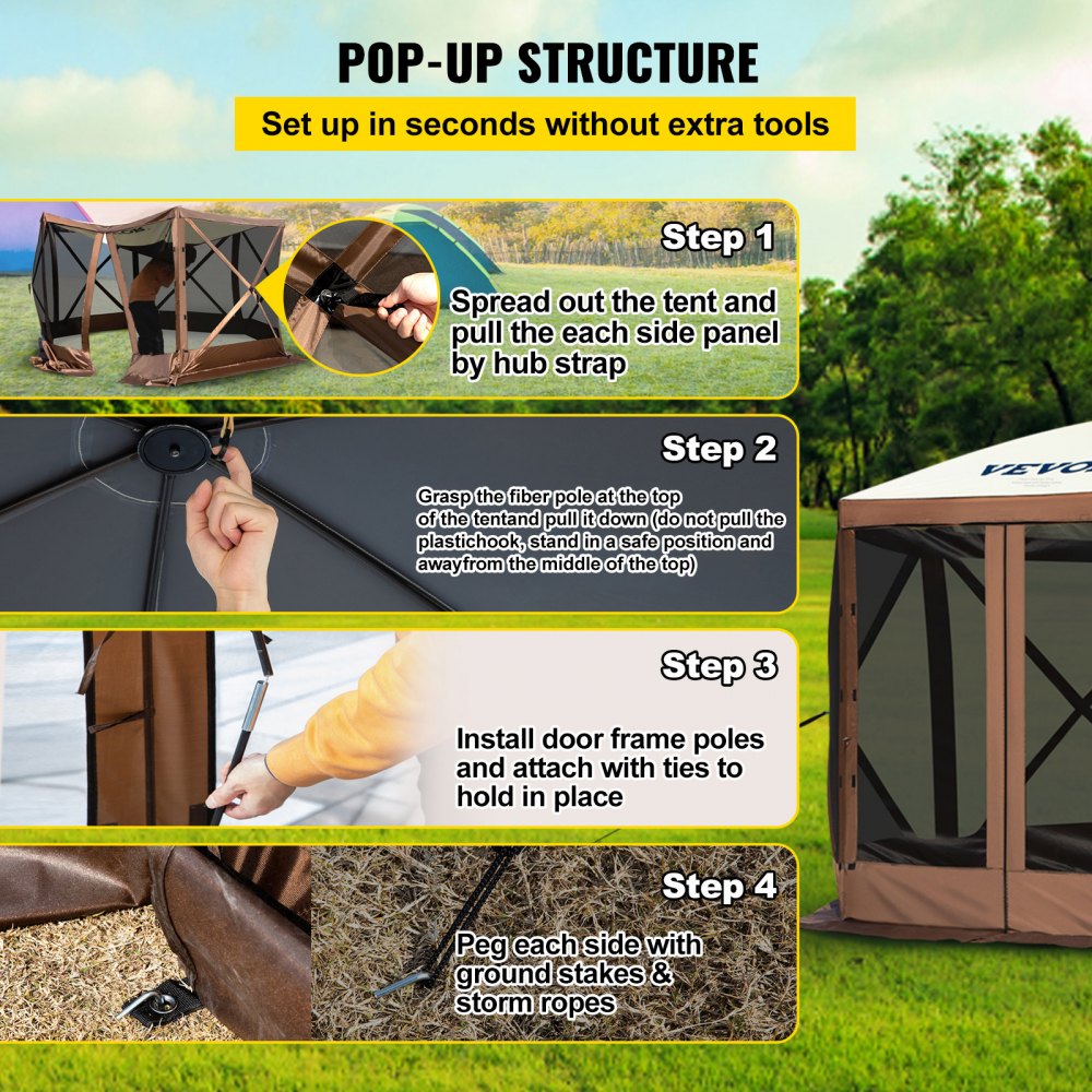 Special Offer Camping Gazebo Screen Tent, 12*12ft, 6 Sided Pop-up Canopy Shelter Tent with Mesh Windows, Portable Carry Bag, Stakes, Large Shade Tents for Outdoor Camping