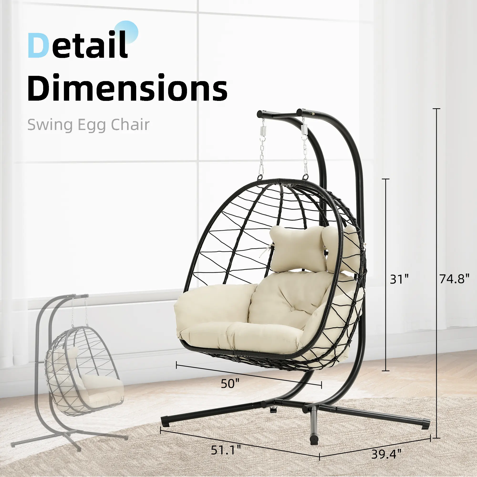 Double Hanging Egg Chair – Foldable Wicker Patio Swing with Cushions, Rust-Resistant Frame & 700 lb Capacity
