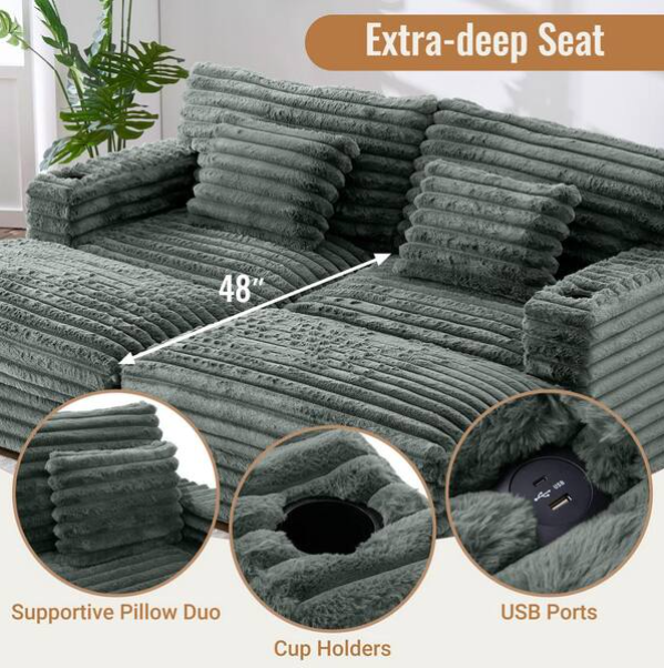 86" W Deep Seat Loveseat Sofa Chaise Daybed Oversized Love Seat TV Couch, Living Room Sleeper Napping Sofabed Fluffy Corduroy Upholstered Sofa&Couch with 4 Pillows for Home/Apartment