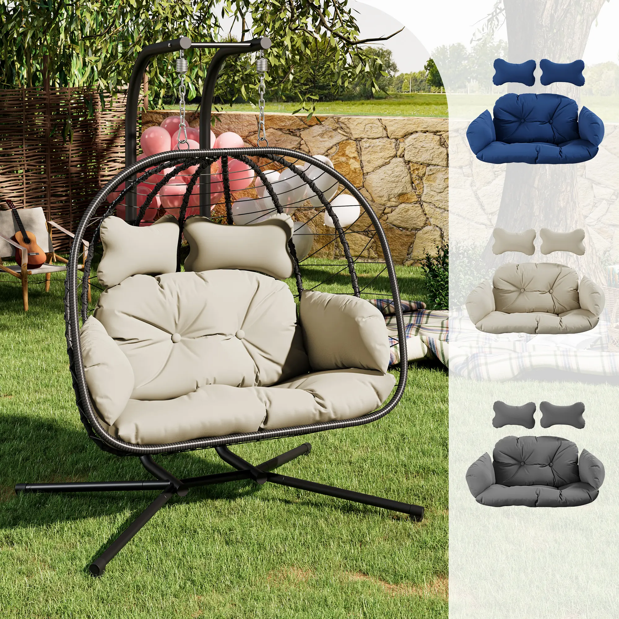 Double Hanging Egg Chair – Foldable Wicker Patio Swing with Cushions, Rust-Resistant Frame & 700 lb Capacity