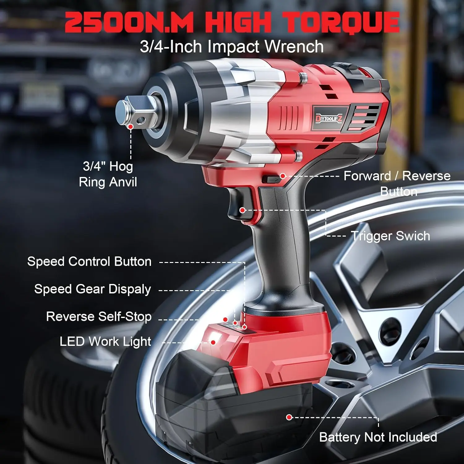 1850Ft-lbs (2500N.m)-3/4"Impact Wrench Compatible with  18V Battery (NO Battery!!!), Brushless Impact Gun 4-Speed with Auto-Stop Reverse for Car/Truck