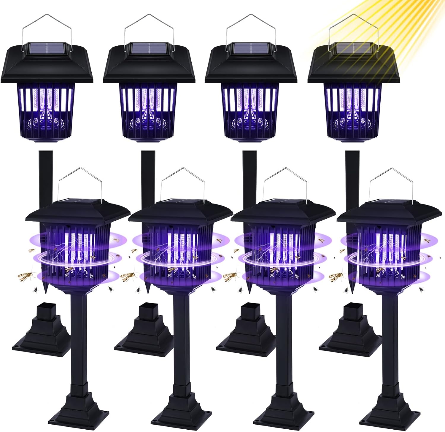 4 Pack Solar Bug Zapper Outdoor UV Mosquito Killer Black Fly Repellent Light Waterproof Pest Control Insect Fly Trap LED Insecticidal Lamp Hang or Stake in The Ground for Indoor Home Garden