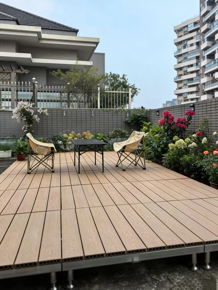 Adjustable height self-leveling deck tile system outdoor flooring Backyard DIY interlocking flooring patio Campground Terrace