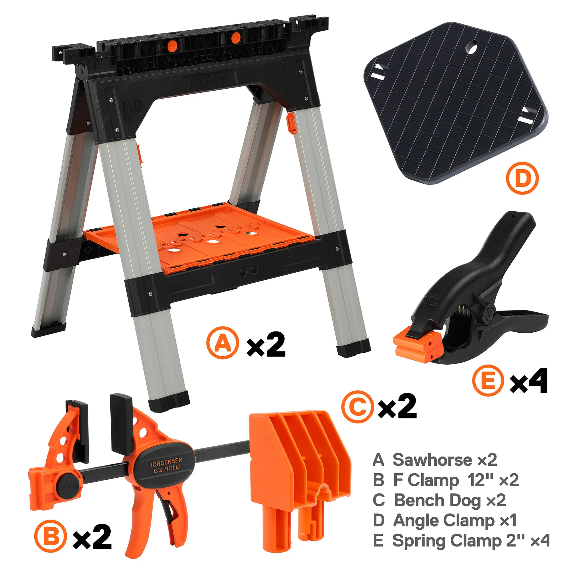 2-Pack Clamping Sawhorses, 1200 LBS Load Capacity, 30-3/4" Folding Sawhorse with 12” F Clamps, Bench Dogs, Angle Clamps, 2" Spring Clamps, Steel Legs, Heavy Duty for Woodworking