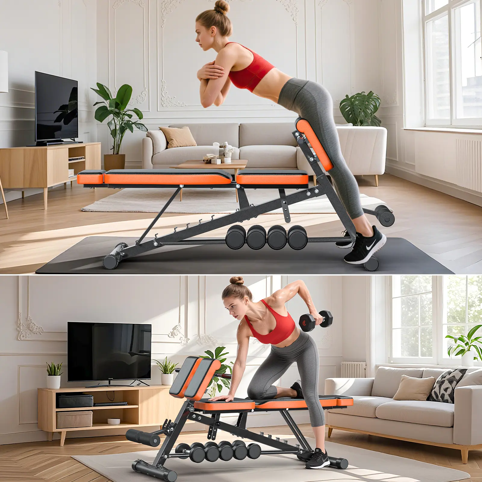 Multi-Functional FID Weight Bench for Full All-in-One Body Workout – Hyper Back Extension, Roman Chair, Adjustable Ab Sit up Bench, Incline Decline Bench, Flat Bench,Support up to 1000lbs，Suitable for home workouts，outdoorfun