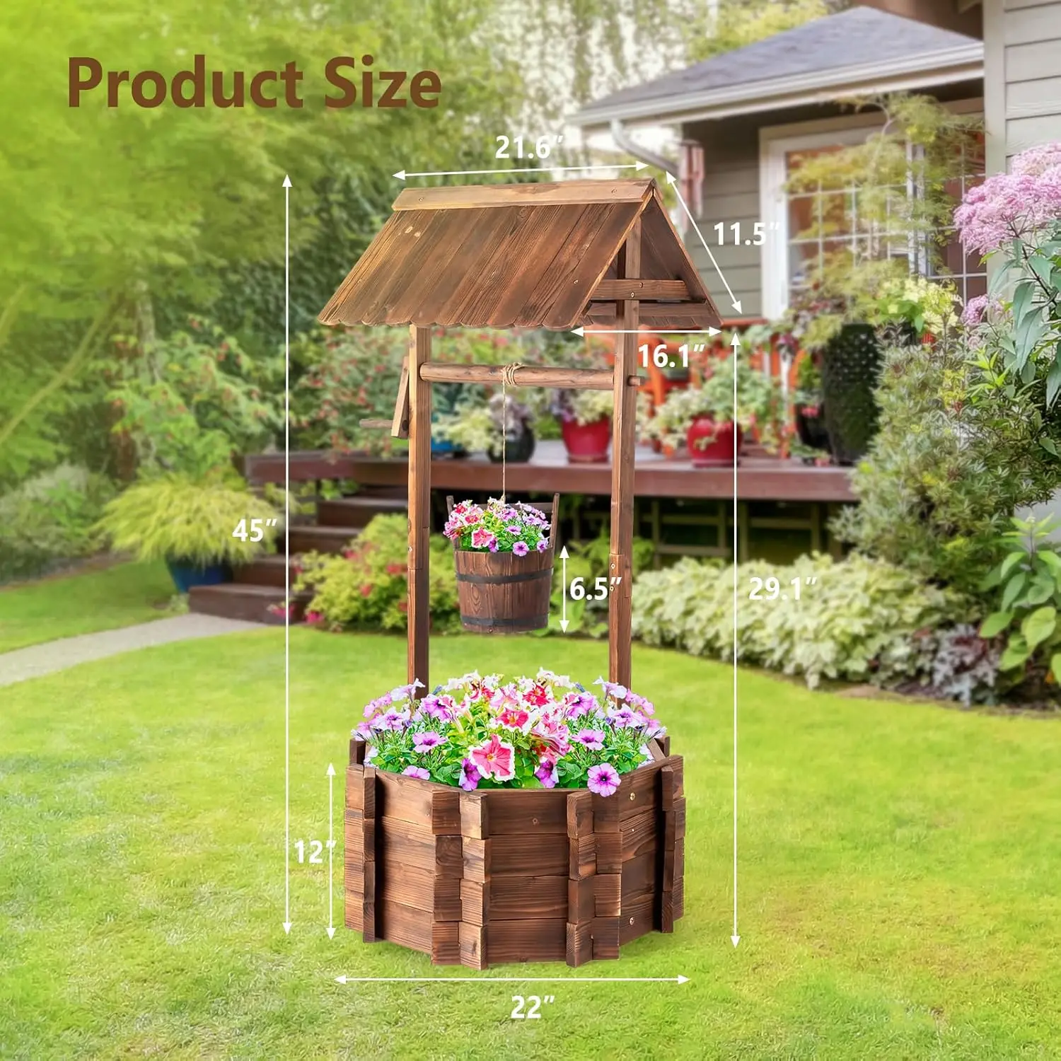 Wooden Wishing Well Outdoor Planter with Adjustable Bucket