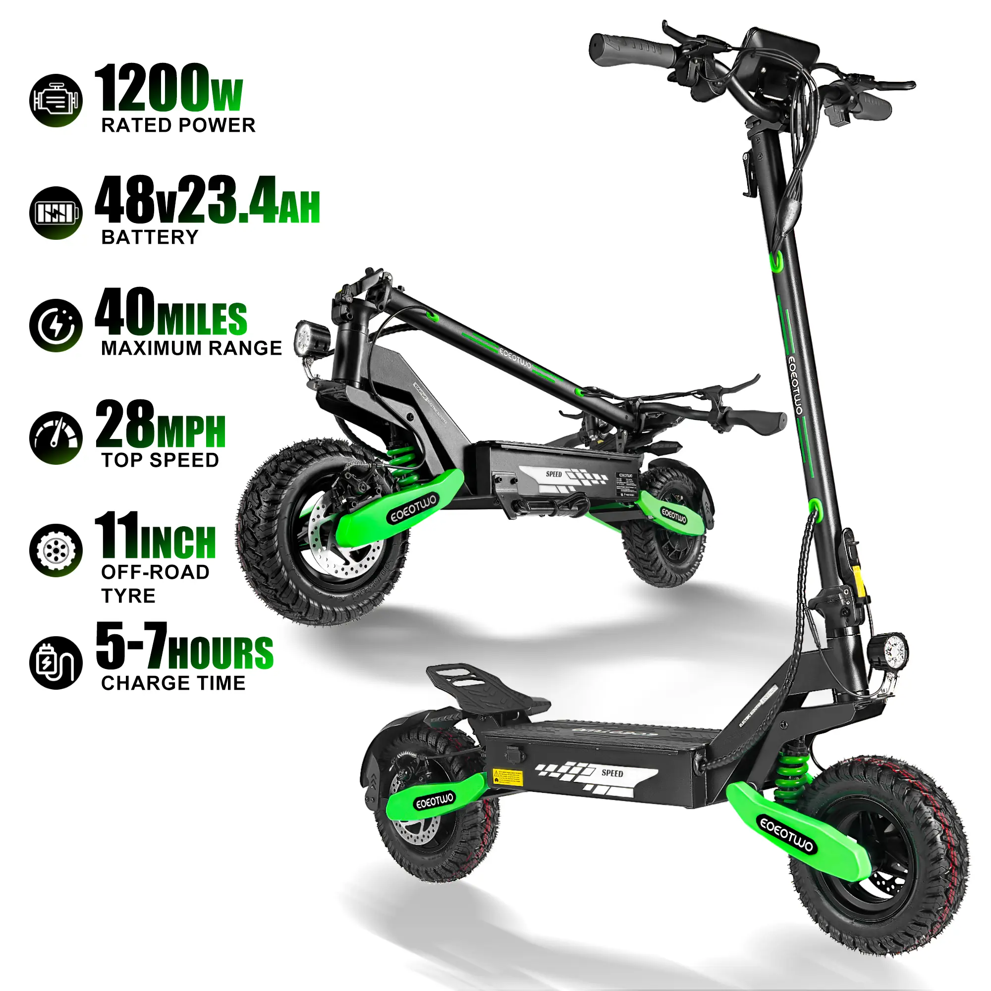 Electric scooter with a range of 40 miles, equipped with a 1200 W motor, top speed of 30 miles per hour, 11-inch all-terrain tires, front and rear shock absorbers, an LED display screen