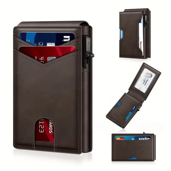 Slim Wallet for Men with Pop-Up Aluminum Case, RFID Blocking | Minimalist Leather Bifold Card Holder