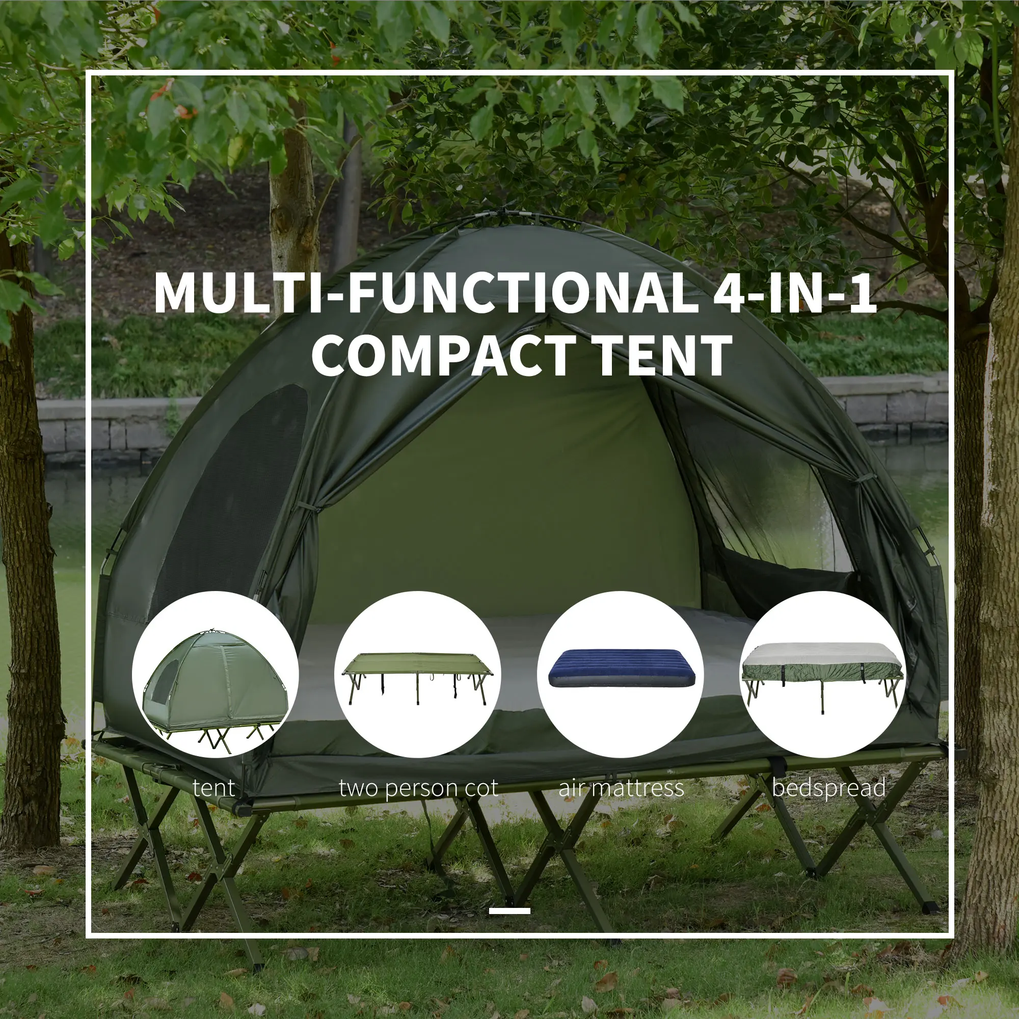 Summervibes 1/2 Person Foldable Camping Cot with Tent, Bedspread, Thick Air Mattress, 4-In-1 Elevated Camping Bed for Outdoor Hiking, Picnic, Travel
