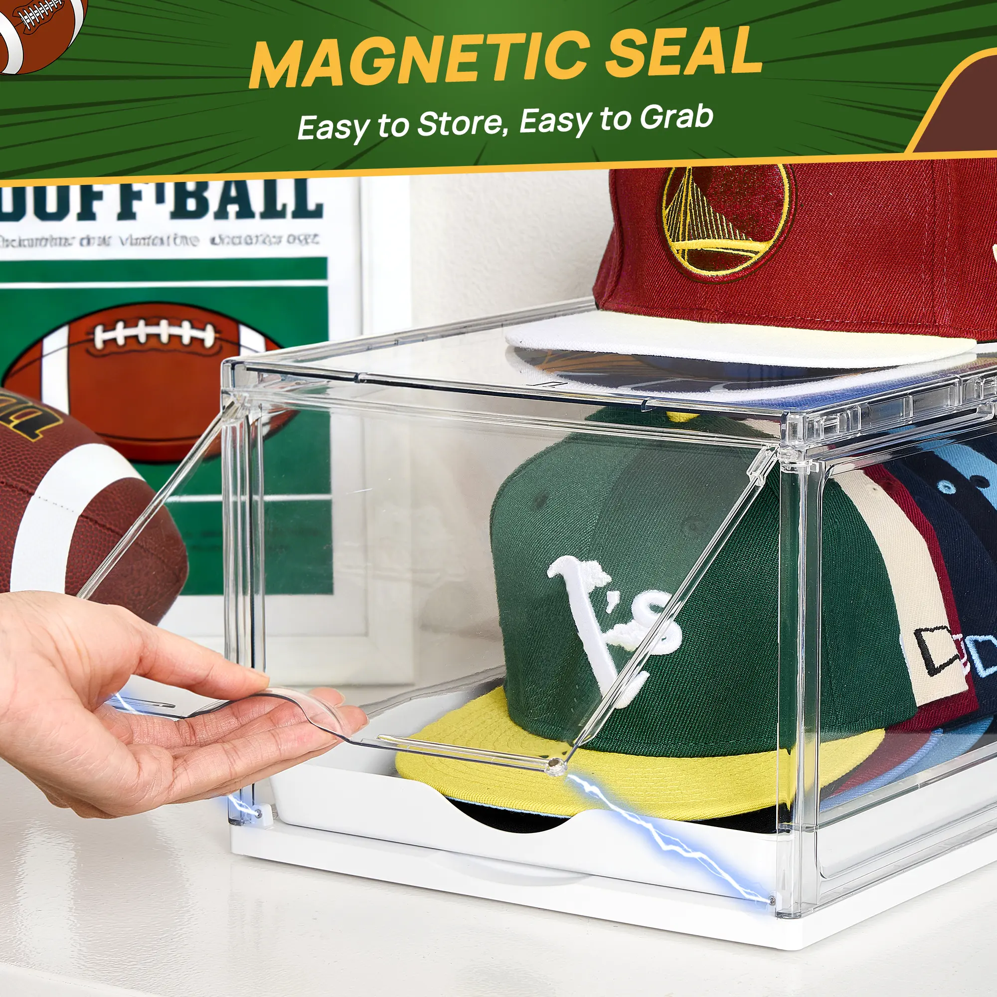 Father’s Day Gift – Stackable Hat Organizer with Clear Display, Sliding Drawer & Magnetic Door, Holds up to 12 Caps Each