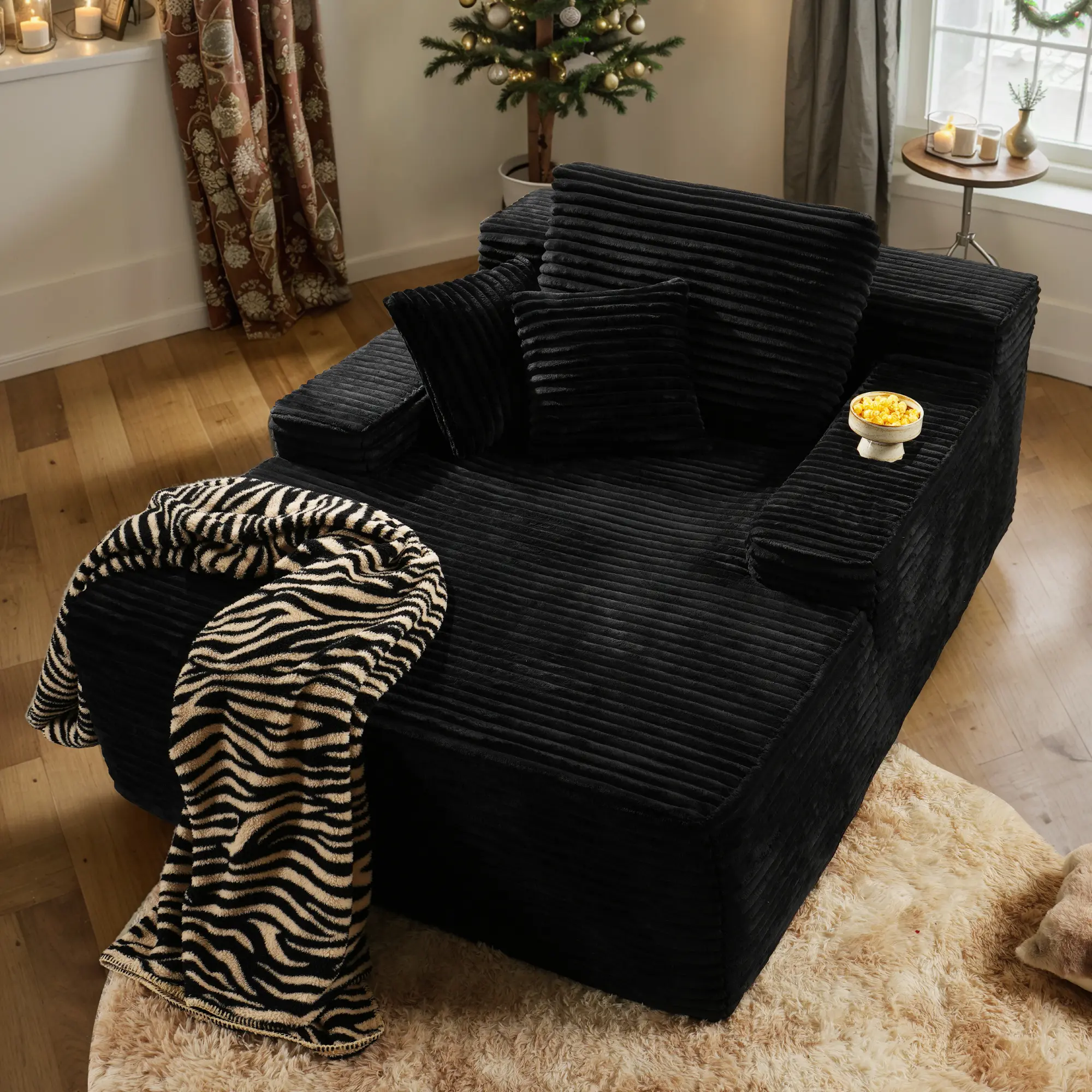 49'' Boneless Chaise Lounge with Cup Holders, Upholstered Sofa Bed with Throw Pillows and Armrests, Indoor Sleeper Chair- Luxurious Plush Corduroy Chair Bed for Living Room - No Assembly Required