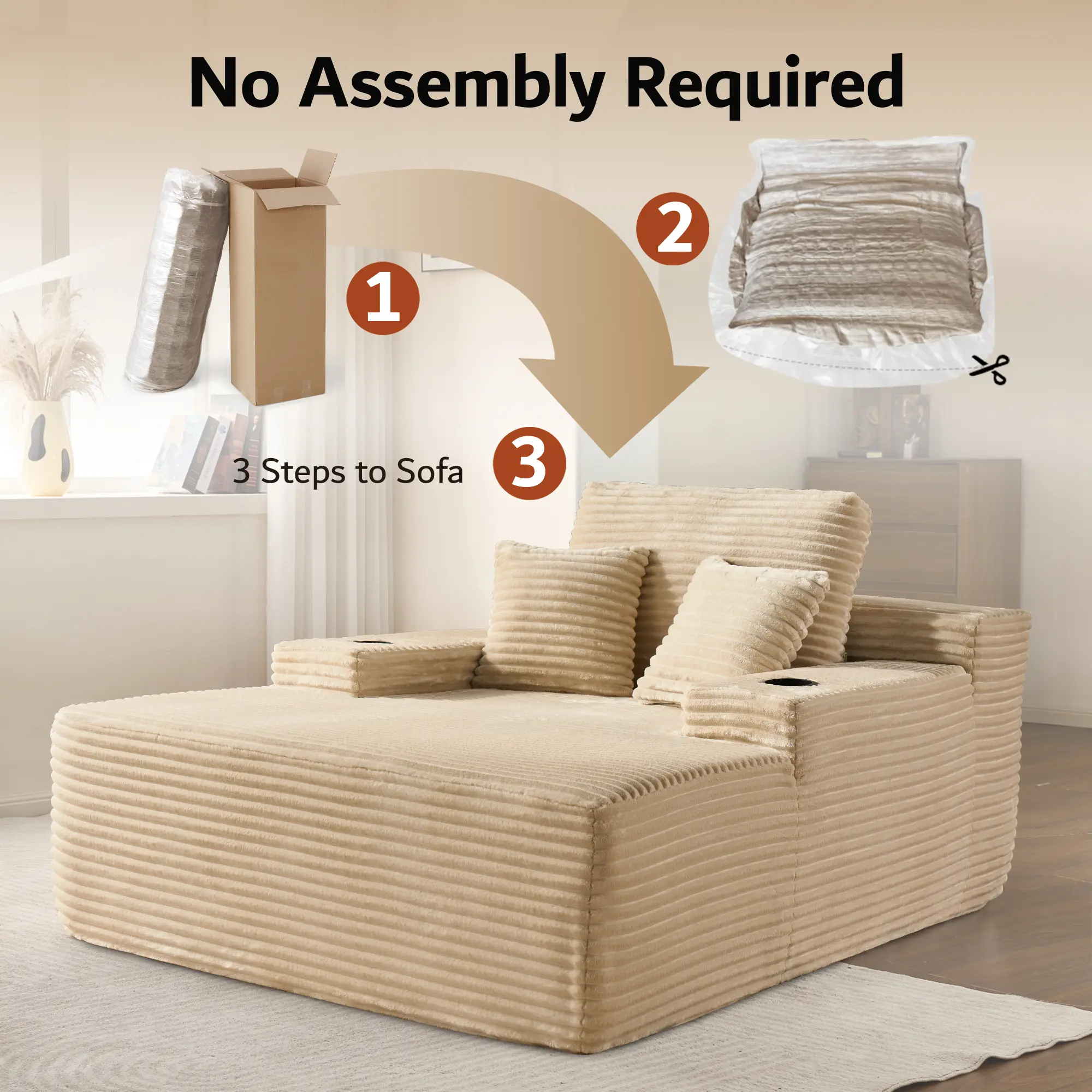 49'' Boneless Chaise Lounge with Cup Holders, Upholstered Sofa Bed with Throw Pillows and Armrests, Indoor Sleeper Chair- Luxurious Plush Corduroy Chair Bed for Living Room - No Assembly Required
