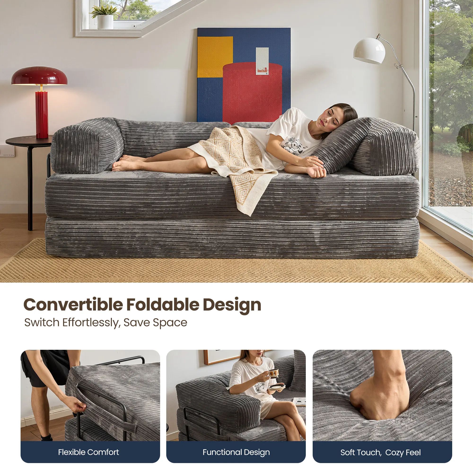 80"Oversized Boneless Couch, 5-in-1 Convertible Sleeper Sofa Bed, Deep Seat Corduroy Modular Floor Sofa, Foldable Pull-Out Couch for Living Room, Apartment,No Assembly