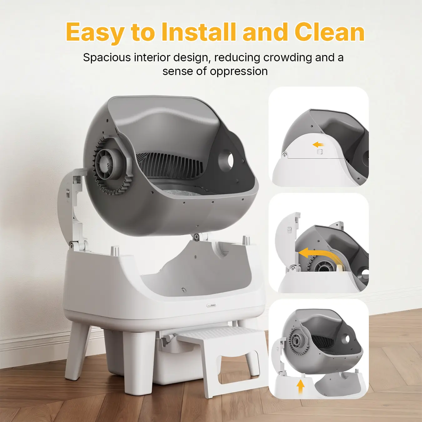 Open Top Self Cleaning Cat Litter Box, Automatic Litter Box with 7 Pairs of Safety Sensors, Anti-Pinch Protection, Easy Access Step for Senior Cats