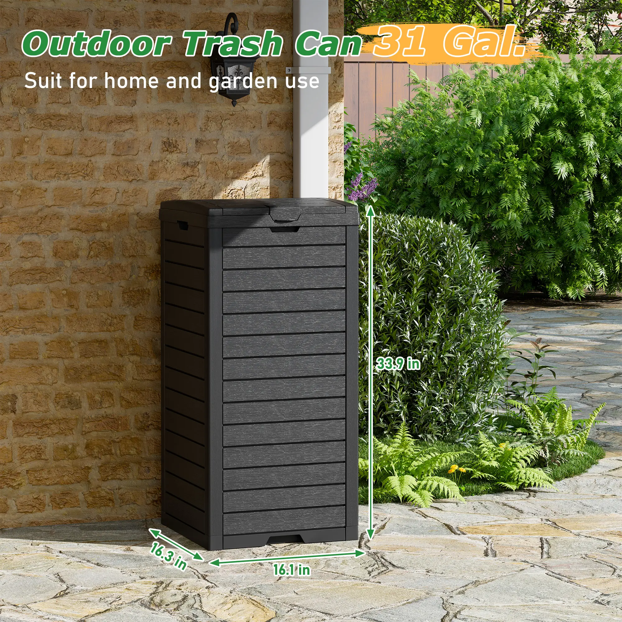 31-Gallon Outdoor Trash Can – Concealed Resin Waste Bin with Lid & Drip Tray for Clean Indoor/Outdoor Use
