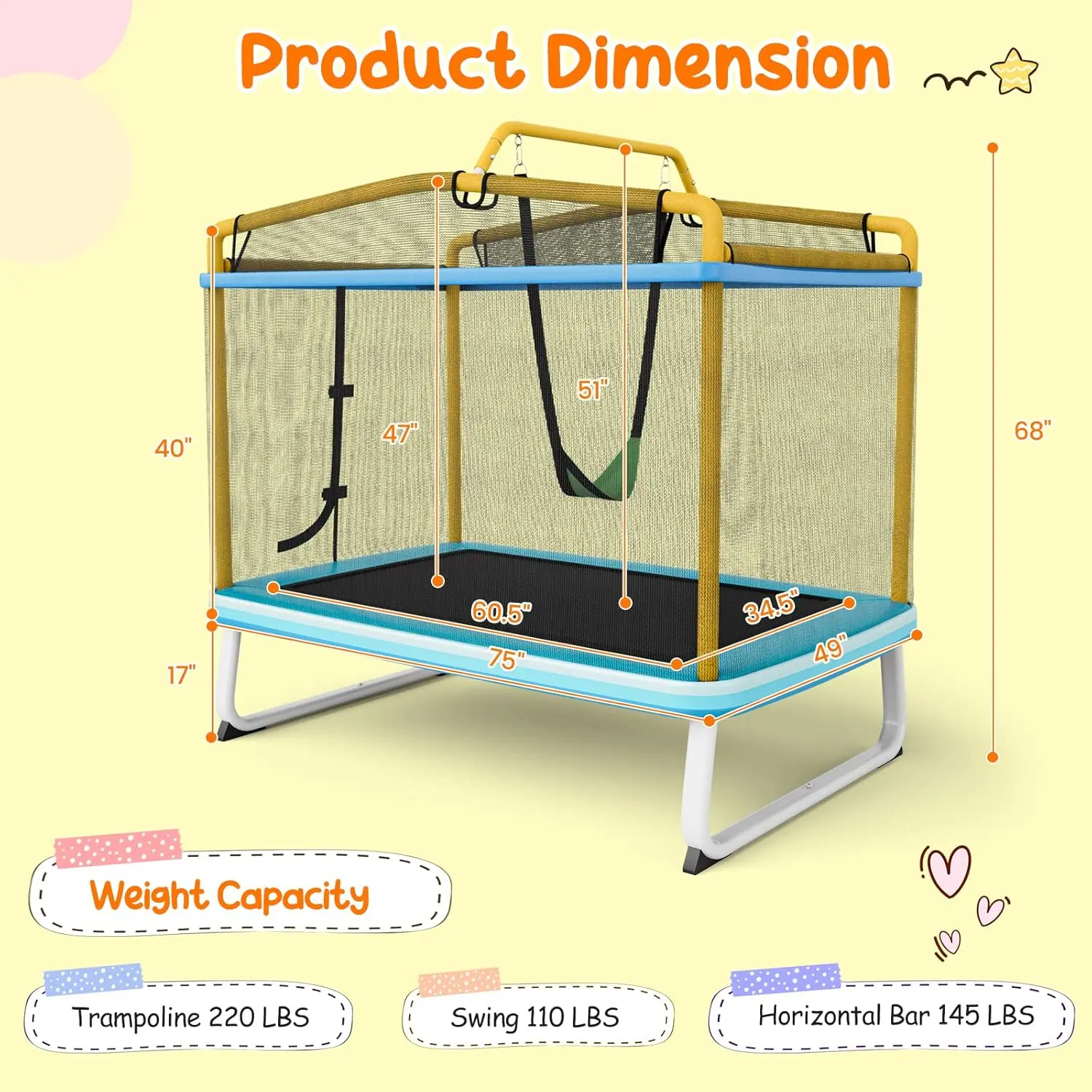 55"/60" Trampoline for Kids, No-Gap Jumping Mat, Easy to Assemble, Indoor/Outdoor, Ideal Gift for Boys and Girls,Summervibes