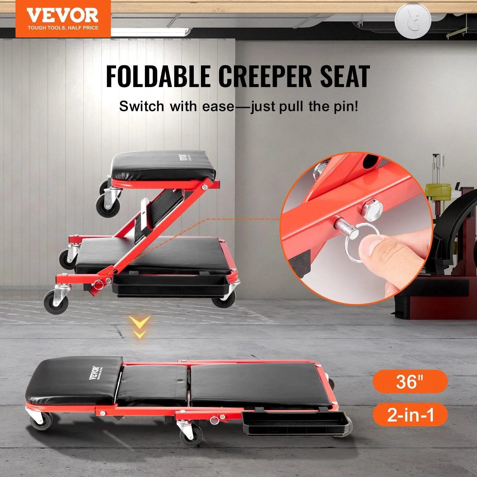 Foldable Z Garage Creeper, 36 in, 300 lbs Load Capacity Rolling Folding Mechanic Creeper Stool, with 6 Wheels Tool Tray Padded Seat Steel Frame