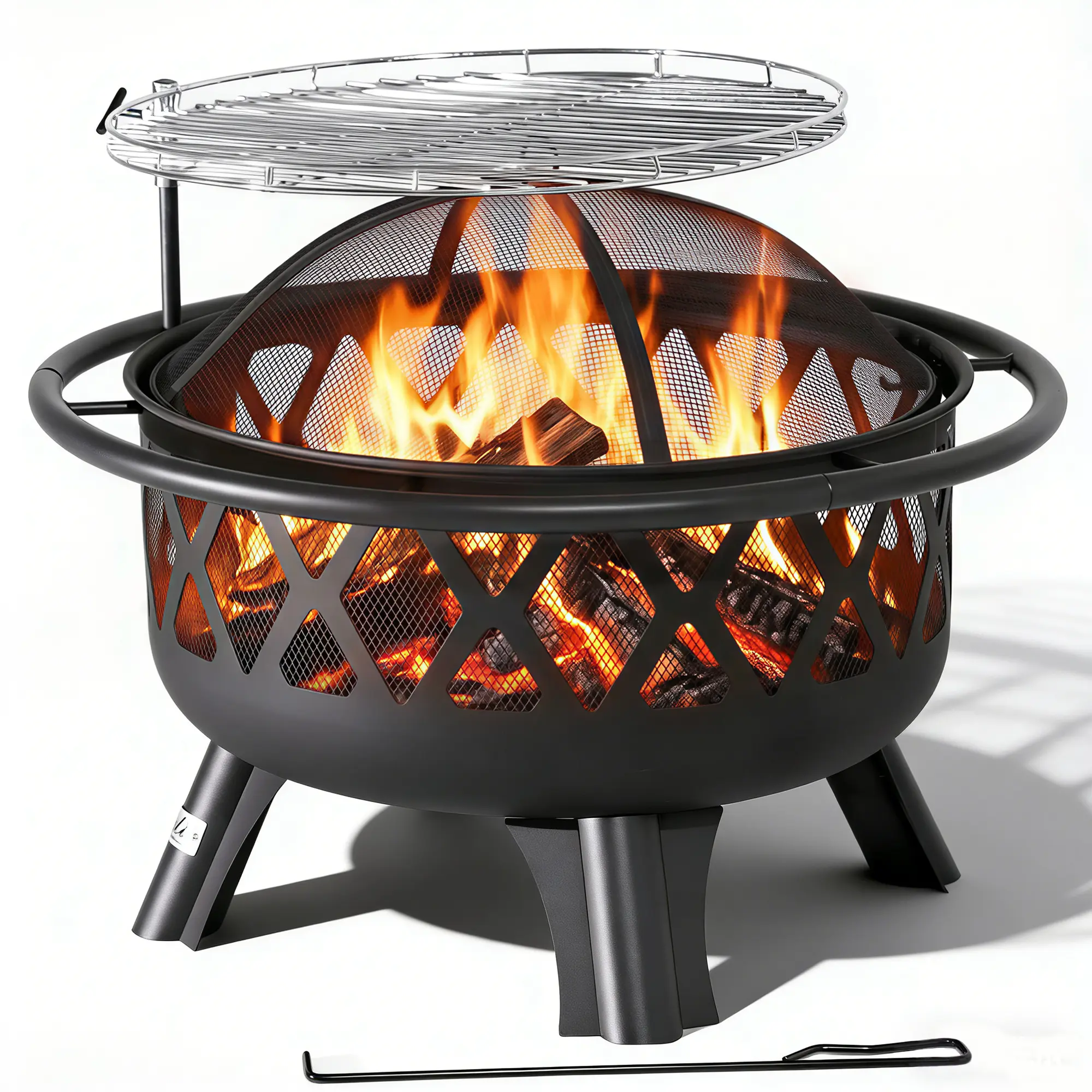 Memorial Day Sales 2-in-1 Wood Burning Fire Pit with Removable Cooking Grill Black Ultra-Durable Iron Grate 360-Degree Rotation Adjustable Height for Heating and BBQ Christmas gift