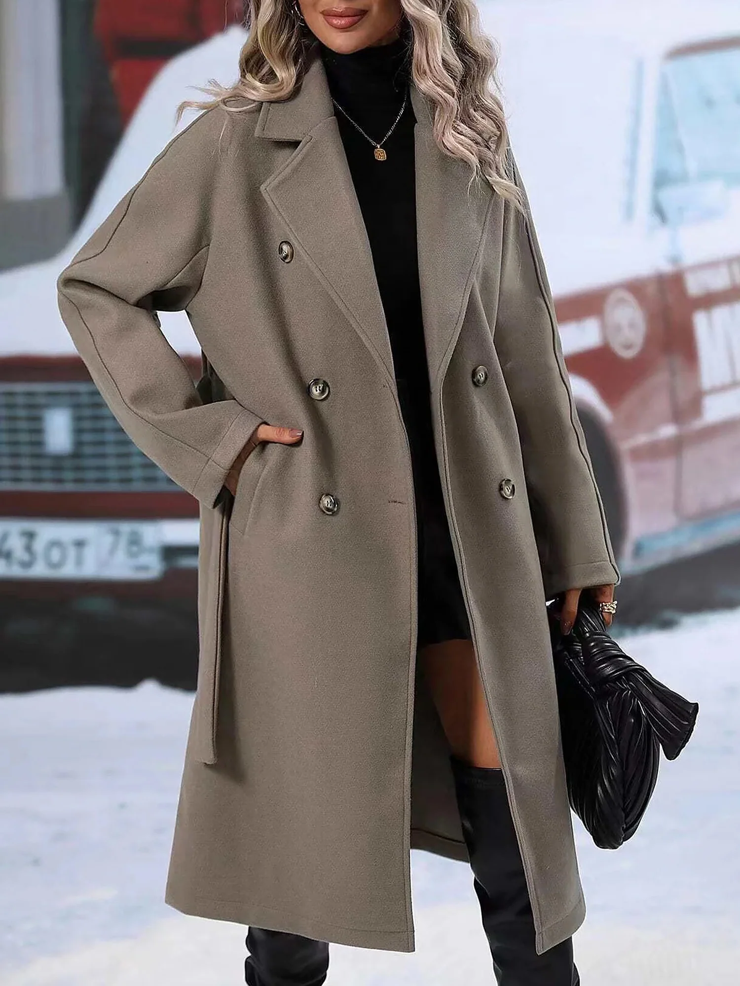 Solid Color Notched Lapel Double Breasted Belted Long Pea Coat
