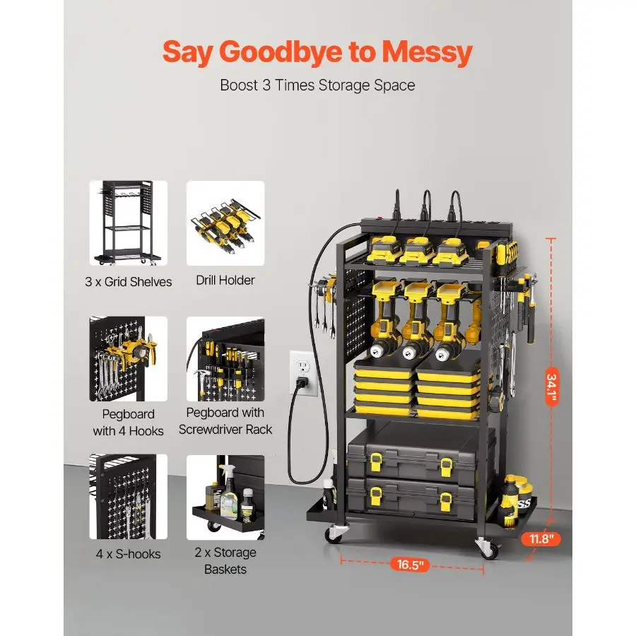4-Tier Heavy Duty Tool Organizer Cart with Built-in 8-Outlet Charging Station - Rolling Garage Storage Rack with Drill Holders & Wheels